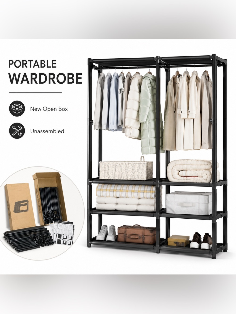 Black Portable Wardrobe Closet / Clothes Rack Organizer – New Open Box